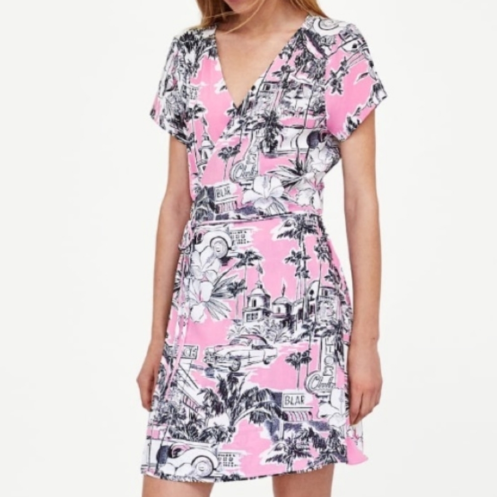 Zara Pink Tropical Print Wrap Dress, Size Large